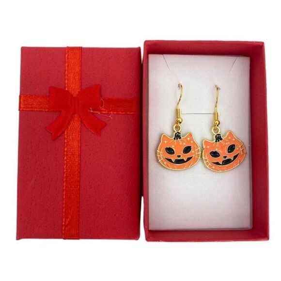 Jack-O-Lantern Orange Pumpkin Cat Enamel Earrings - Picture 1 of 4